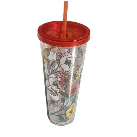 STARBUCKS Acrylic VENTI Cold Cup Tumbler‎ POPPY FLOWERS Red Yellow Orange 24 Oz. - Picture 2 of 5